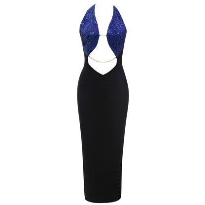 Simple Sexy Cutout Backless Halter Back Slit Slim Fit Dinner Party Bandage One Piece Dress Women