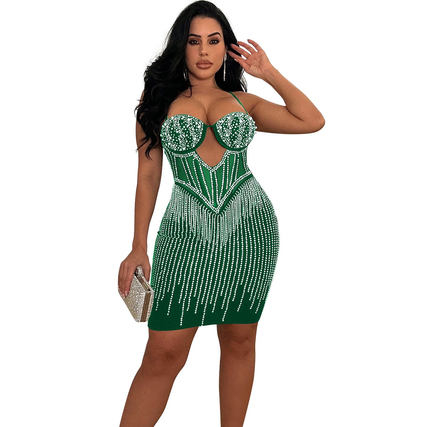 Women Wear Solid Color Mesh Rhinestone Slip Dress Dress