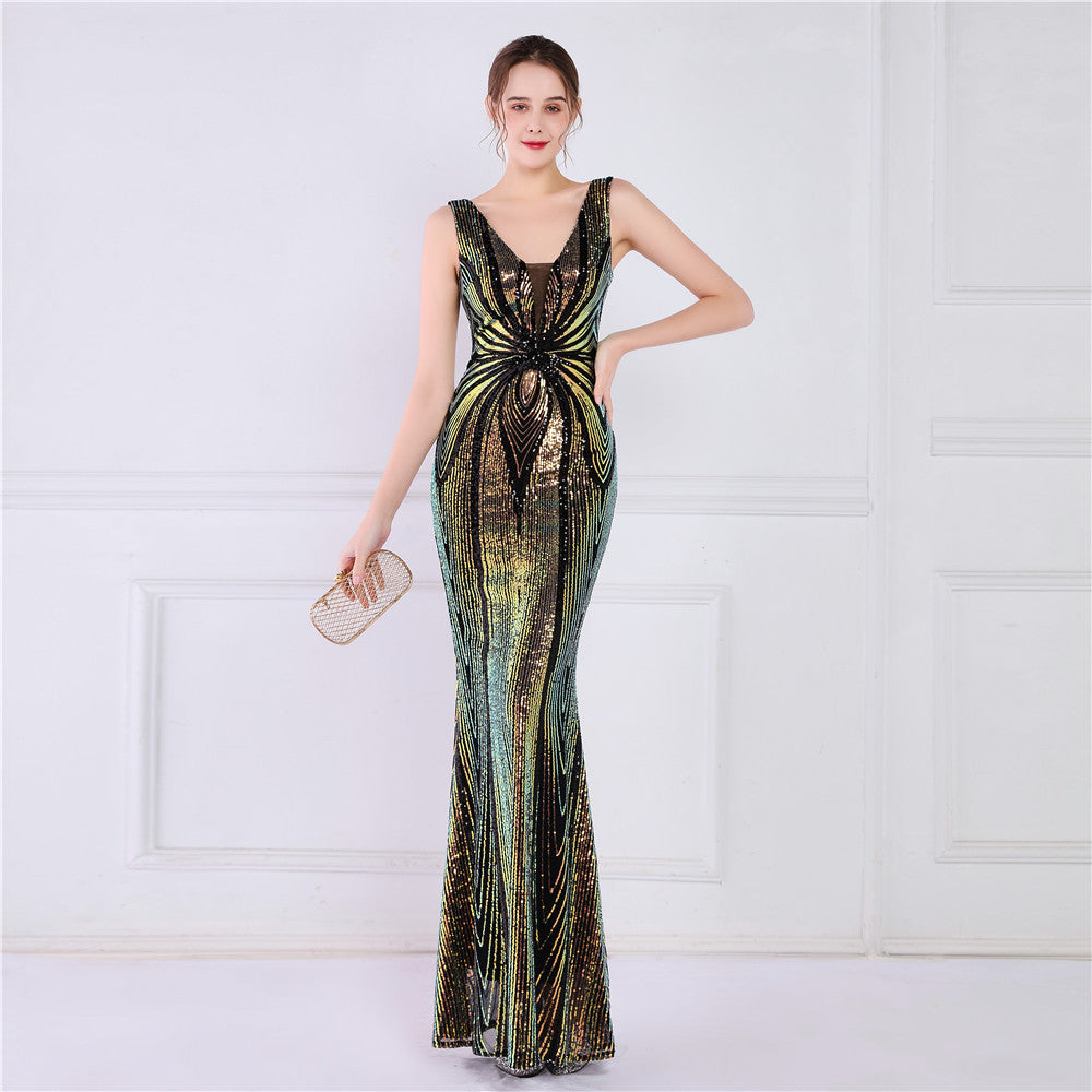 Positioning Floral Sequin Cocktail Elegant Long Sleeveless Sequined Aura Queen Fishtail Dress Slimming Fishtail Dress