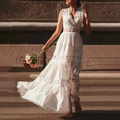 Vestido de color liso con escote en V, aberturas, sin mangas, con volantes, estilo palacio francés para mujer