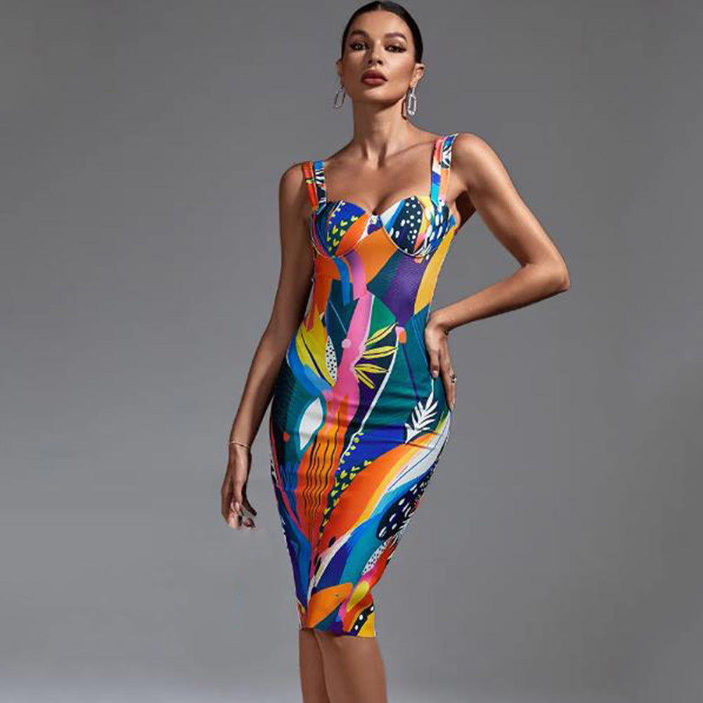 Suspender Bandage Dress Sexy Duplex Printing Tight Sleeveless Party Dress