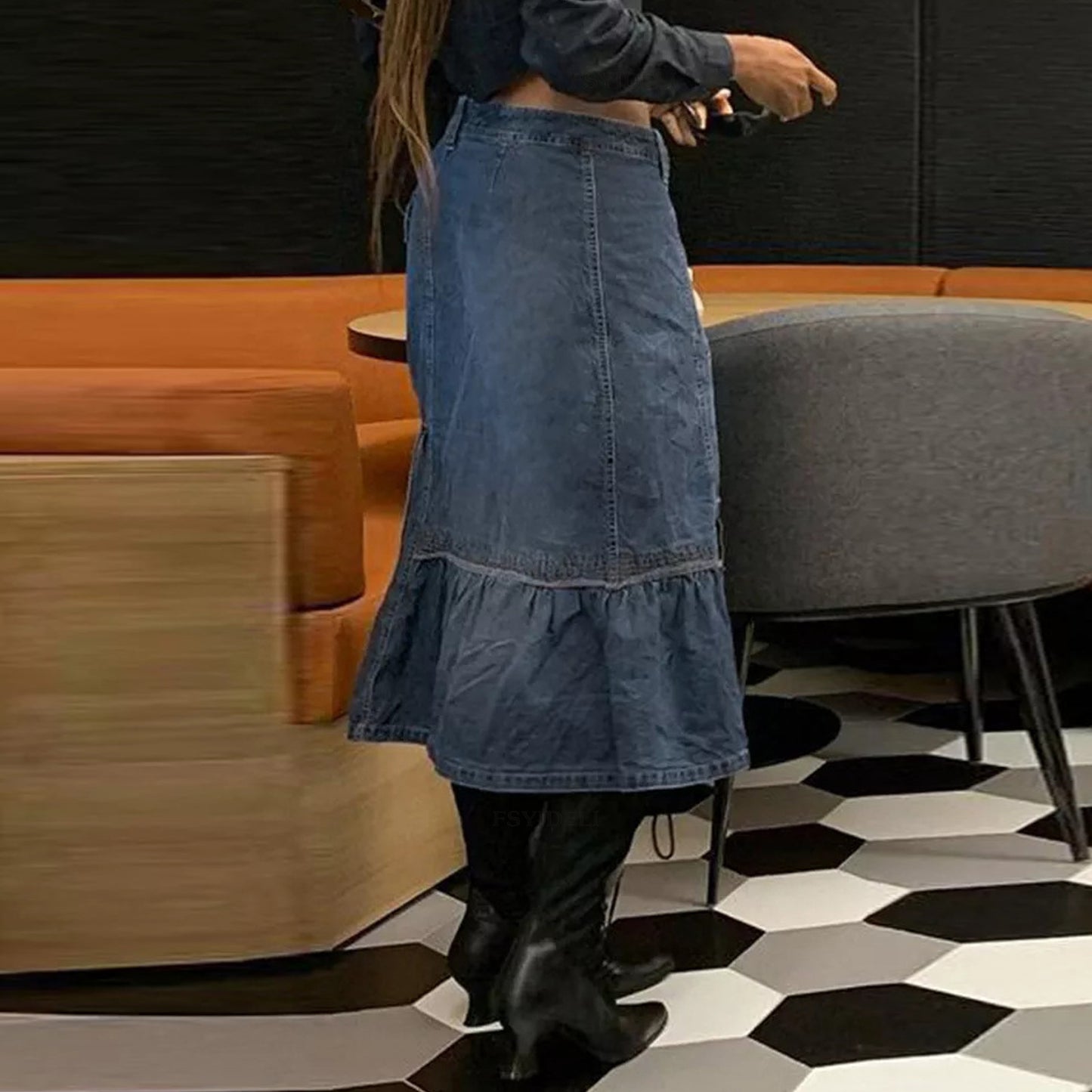 Ropa de mujer Falda vaquera Otoño Denim Retro Irregular Asimétrico Cordón Denim Faldas largas