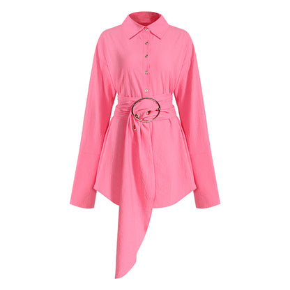 Vacation Design Long Sleeve Shirt Dress Women Autumn Lace up Waist Controlled Slimming Mid Length Shirt