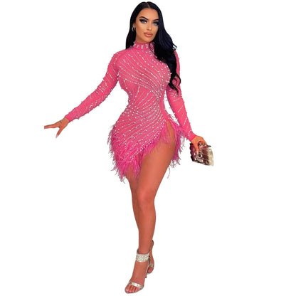 Robe sexy en maille avec strass et plumes en mousse pour femmes