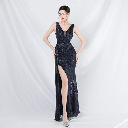 Robe longue de soirée à paillettes et ruban pour femme