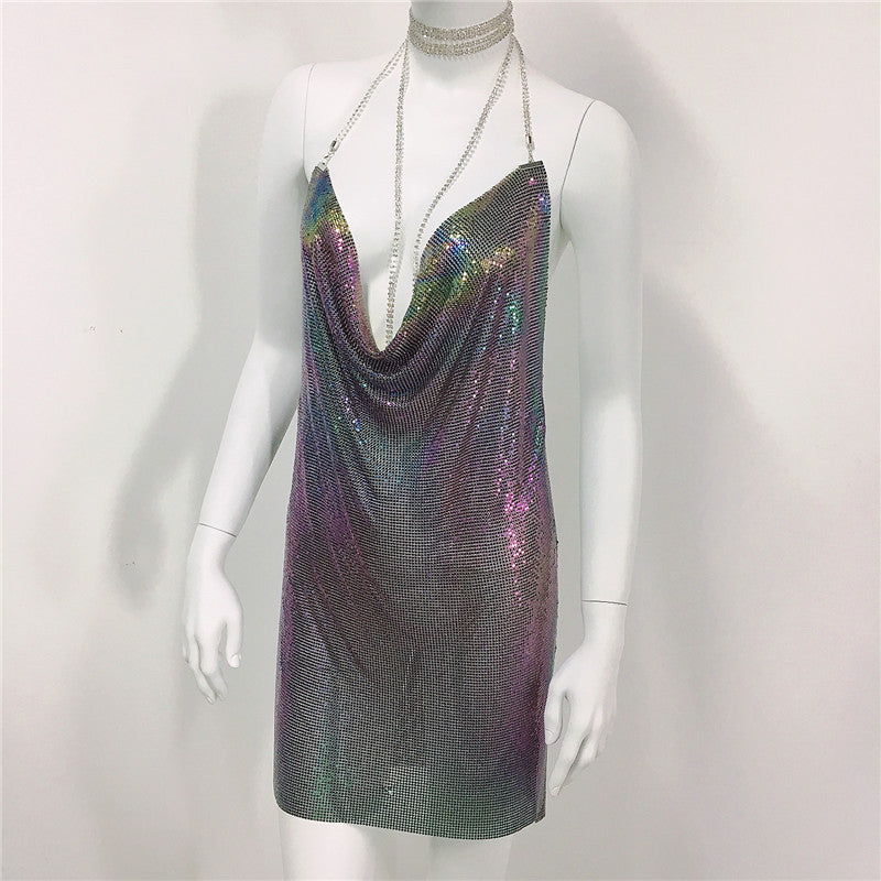 Metallic Coated Fabric Women Clothing Metal Sequ Dress Sexy Sweet Spicy Dress Rhinestone Cami Dress Women