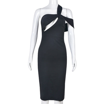 Spring Summer Sheath Dress Solid Color Sexy Cutout Diagonal Collar Elegant Dress