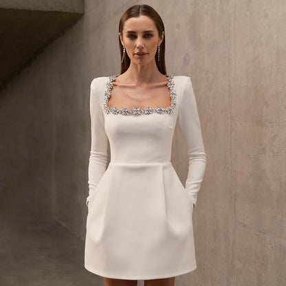 Vêtements d'été pour femmes, robe extensible à manches longues et perles, ligne A