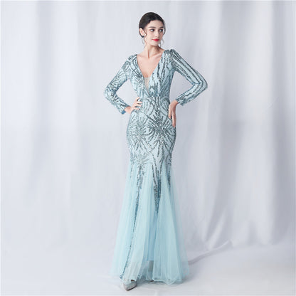 Mesh Sequin Wedding Dinner Annual Meeting Host Long Sleeve Evening Dress