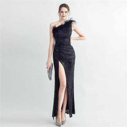 Hand Nailed Ostrich Feather Off Shoulder Roman Collar High End Sequined Evening Dress