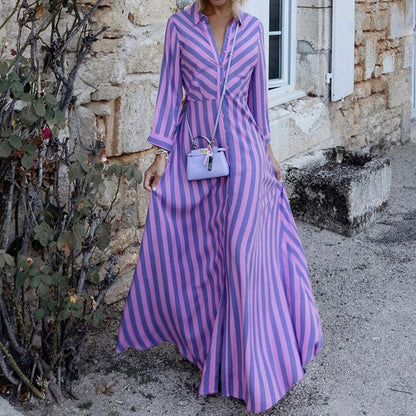 Robe rayée mi-longue à manches longues pour femmes, vêtements d'arrivée d'automne