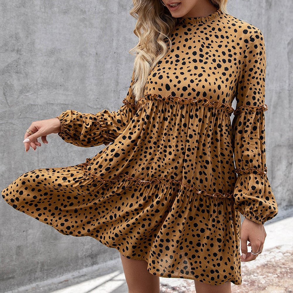 Women Clothing Autumn Milk Spots Fungus Long Sleeve Dress Women