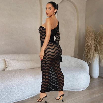 Main Push See through Single Shoulder Bell Sleeve Dress Women