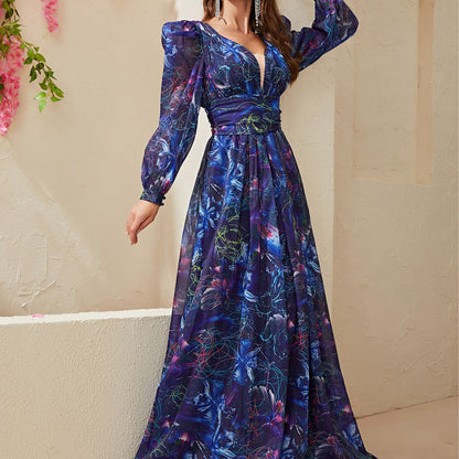 Maxi Dress Chiffon Long Sleeve V neck Dark Blue Puff Sleeve Holiday Dress