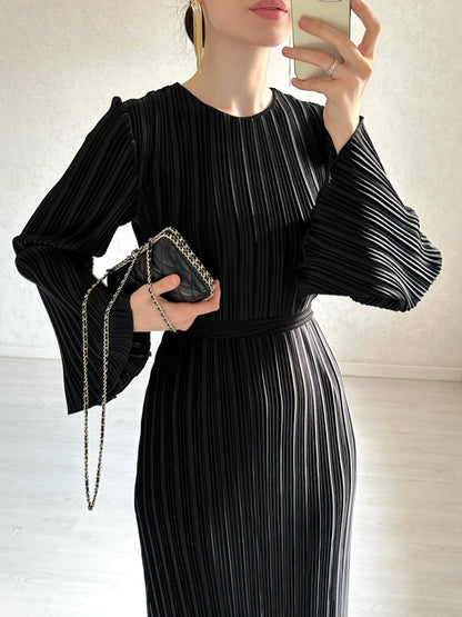 Autumn Women Clothing Maxi Dress Pleated Bell Sleeve Mid Length Dress