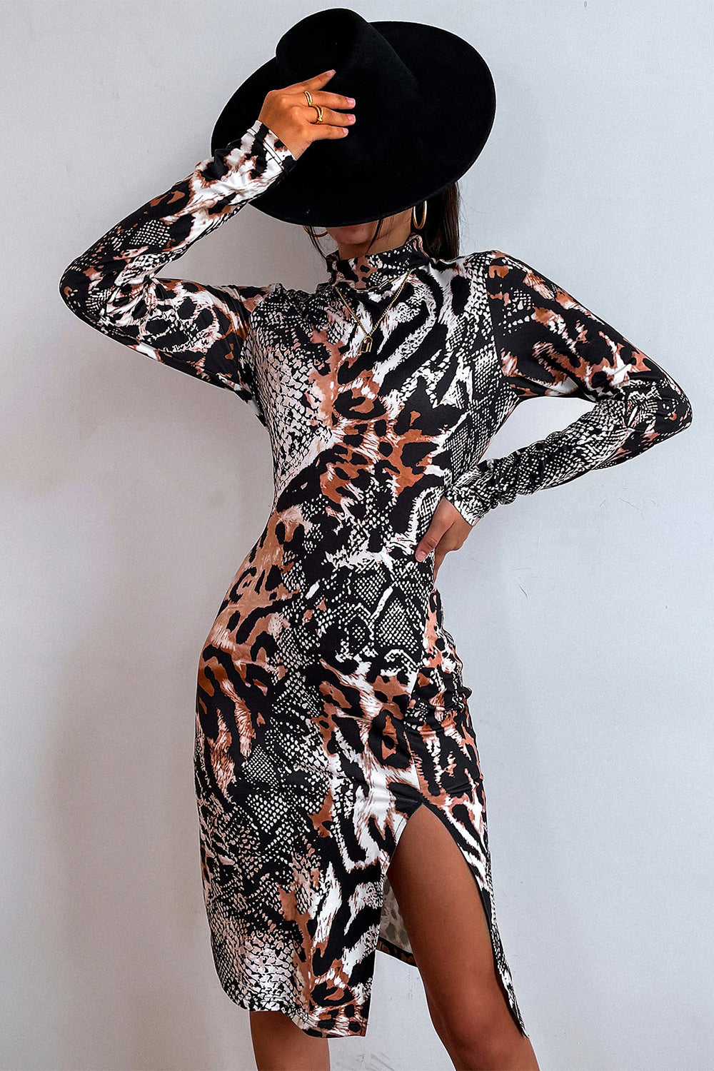 Autumn Women Clothing Popular Classic Leopard Pattern Snake Pattern Split Dress