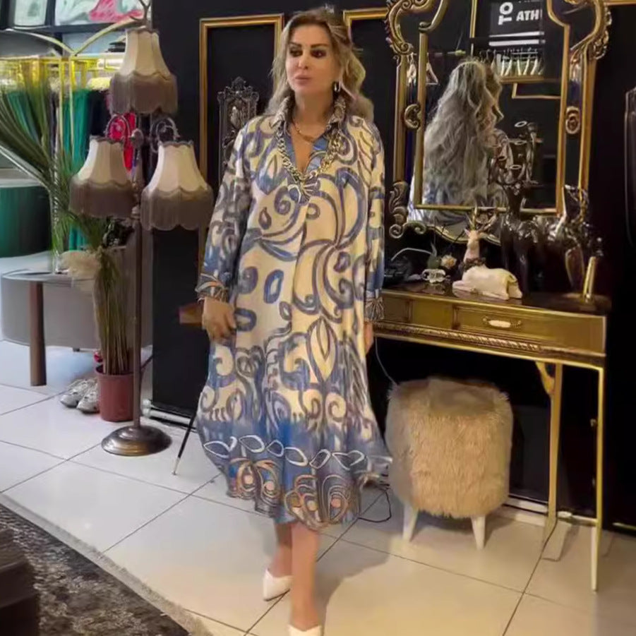 Vestido elegante holgado de manga larga con cuello en V y estampado de verano para mujer