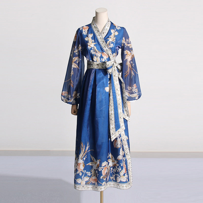 Robe Maxi à lacets, imprimé artistique rétro, manches bouffantes, taille amincissante, pour femmes