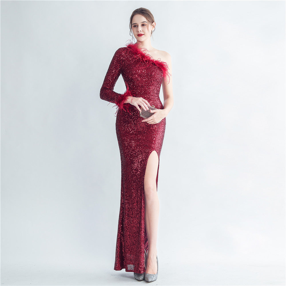 Craft Ostrich Feather Decorative Diagonal Shoulder Roman Collar Side Slit High End Evening Dress