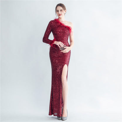 Craft Ostrich Feather Decorative Diagonal Shoulder Roman Collar Side Slit High End Evening Dress