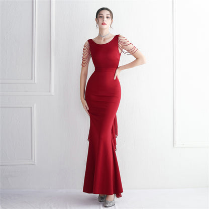 Chiffon Satin Cloth Craft Beaded Long Cocktail Slim Fit Evening Dress Elegant Long Annual Meeting Host