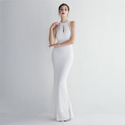 Sequined Craft Beading Cocktail Evening Dress Elegant Long Halter Slim Fit Fishtail