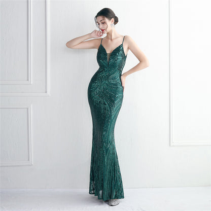 Positioning Floral Beaded Suspender Party Sequined Dress Long Cocktail Slim Fit Evening Dress Elegant