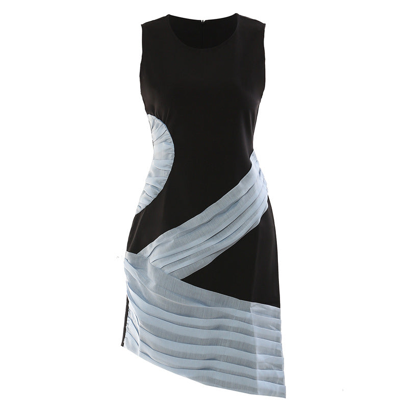 Spring Summer Stitching Pleated Contrast Color Irregular Asymmetric Sleeveless Nipped Waist Vest Dress Dress Women