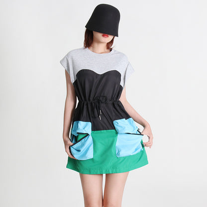 Women Fashionable Short with Elegant Design Spring Fashionable Drawstring Women Dress with Contrast Color Stitching