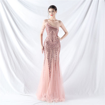 Dress Craft Beading Positioning Floral Sequin Stitching Mesh High-End Evening Dress