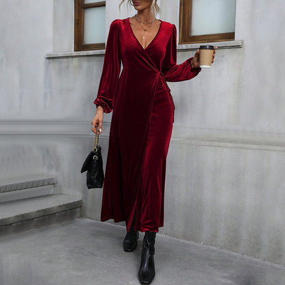 Autumn Winter Women Clothing Wine Red Party Party Velvet Mid Length Dress