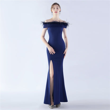 Satin Craft Order Ostrich Feather Off The Neck Tube Top Evening Dress