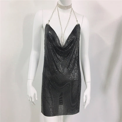 Metallic Coated Fabric Women Clothing Metal Sequ Dress Sexy Sweet Spicy Dress Rhinestone Cami Dress Women