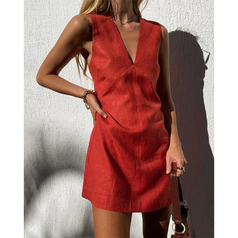 Sexy Sexy V neck Cotton Linen Sleeveless Dress Women Summer Basic Solid Color Slim Vest Short Dress