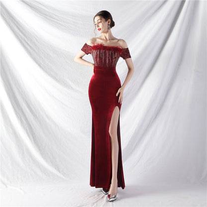 Craft Order Ostrich Fur Velvet off Neck Evening Dress