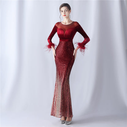 Gradient Bead Drilling Velvet High End Evening Dress