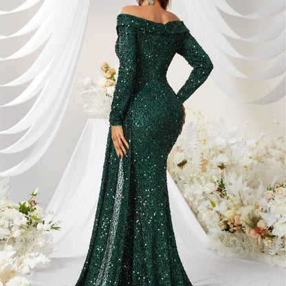 Dress Premium Sequined off Shoulder Long Sleeve Ball Gown Fishtail Dress