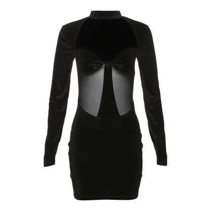 Autumn Winter Women Clothing Hollowed out round Neck Long Sleeve Sheer Mesh Stitching Hip Dress