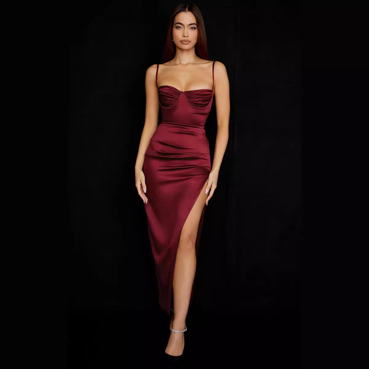 Satin Sling Dress Sexy Frill Split Thigh Tight Satin Dress