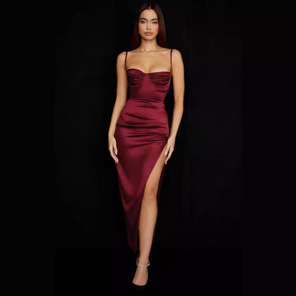 Satin Sling Dress Sexy Frill Split Thigh Tight Satin Dress