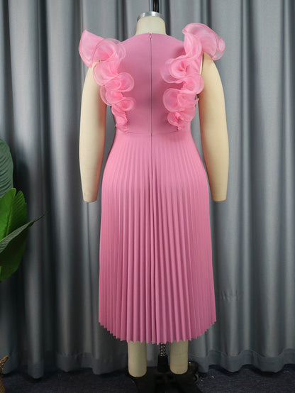 Early Autumn Mesh Stitching Dress Sleeveless Pleated High Waisted Dresses