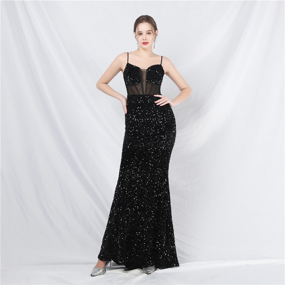 Palace Wind Heavy Industry Boning Corset Cinched Mesh Sequin High End Evening Dress