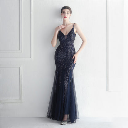 Sequin Gauze Sexy Sling Star Internet Celebrity Grand Ceremony Long Evening Dress