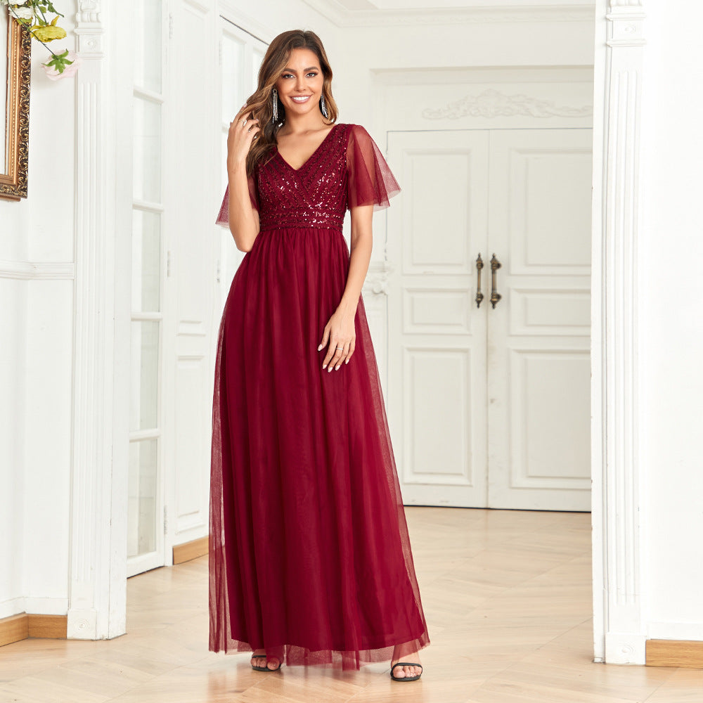 Robe de soirée élégante rouge vin à col en V pour femme, ligne A, fermeture éclair dans le dos, coutures en maille, paillettes, manches courtes, robe de mariée