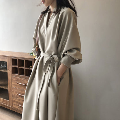 Robe longue à col en V pour femmes, tenue coréenne, ample, élégante, nouée, automne