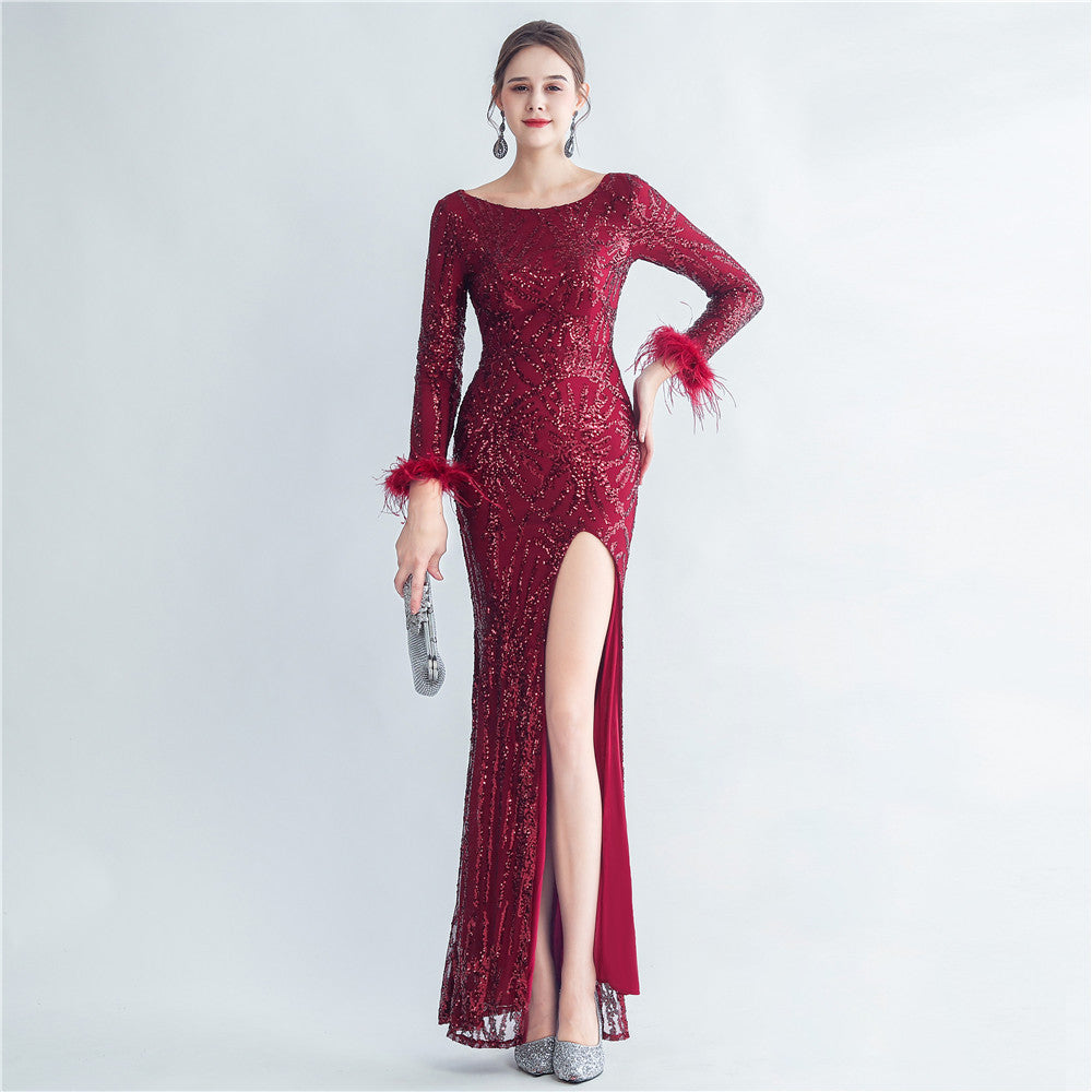 High Density Ostrich Feather Sequin Long Sleeve Fishtail High End Evening Dress