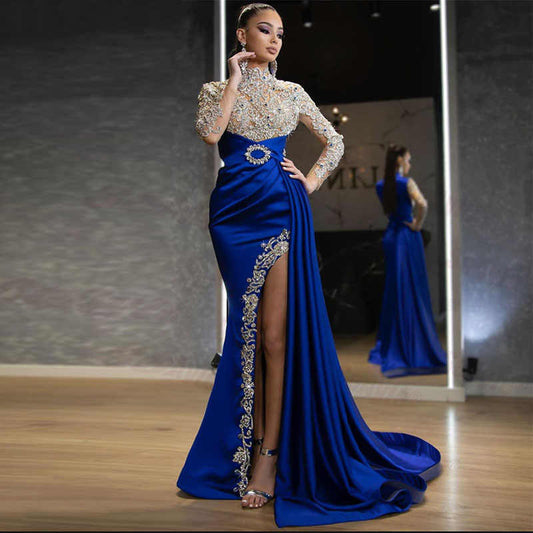 Women Dress Blue Gold Split Stitching Half Turtleneck Evening Dress