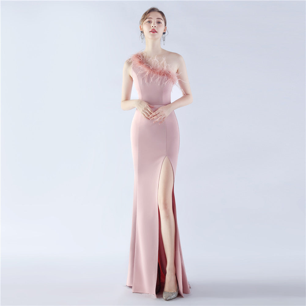 Satin Craft Order Ostrich Feather Dinner Exhibition Wedding Evening Dress