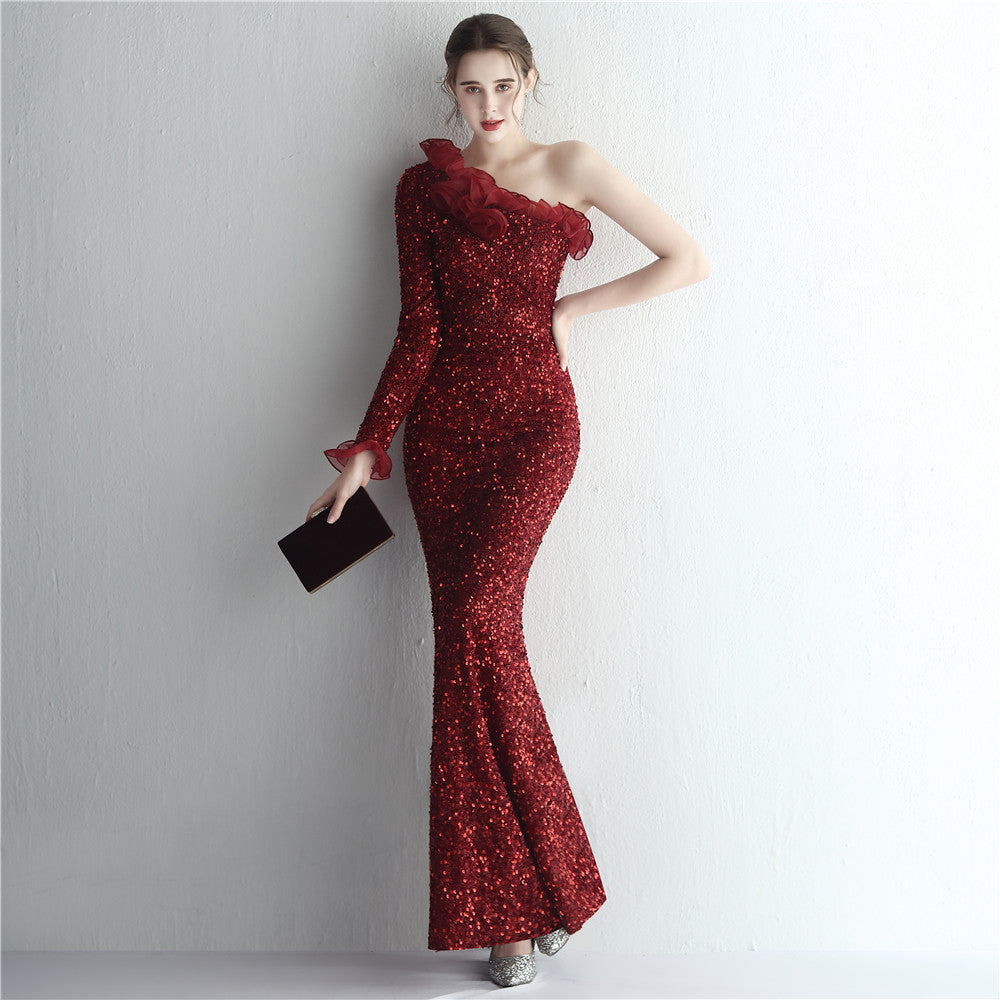 Handmade Sequin Craft Yarn Ladies Cocktail One Shoulder Long Sleeve Long Sequined Aura Queen Fishtail