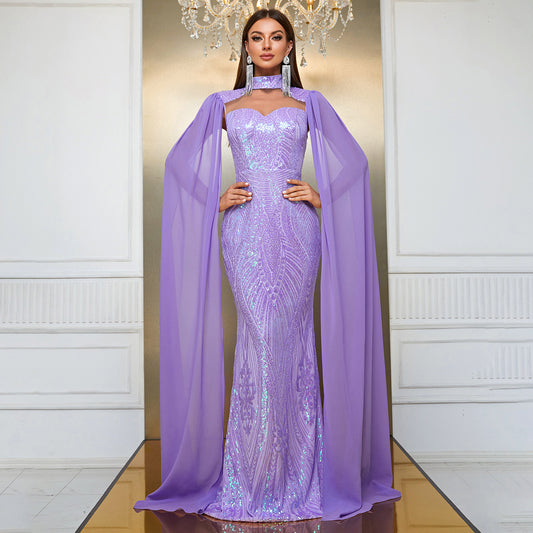 Robe de soirée à paillettes, col licou, manches aux épaules, robe de soirée, queue de poisson, robe élégante